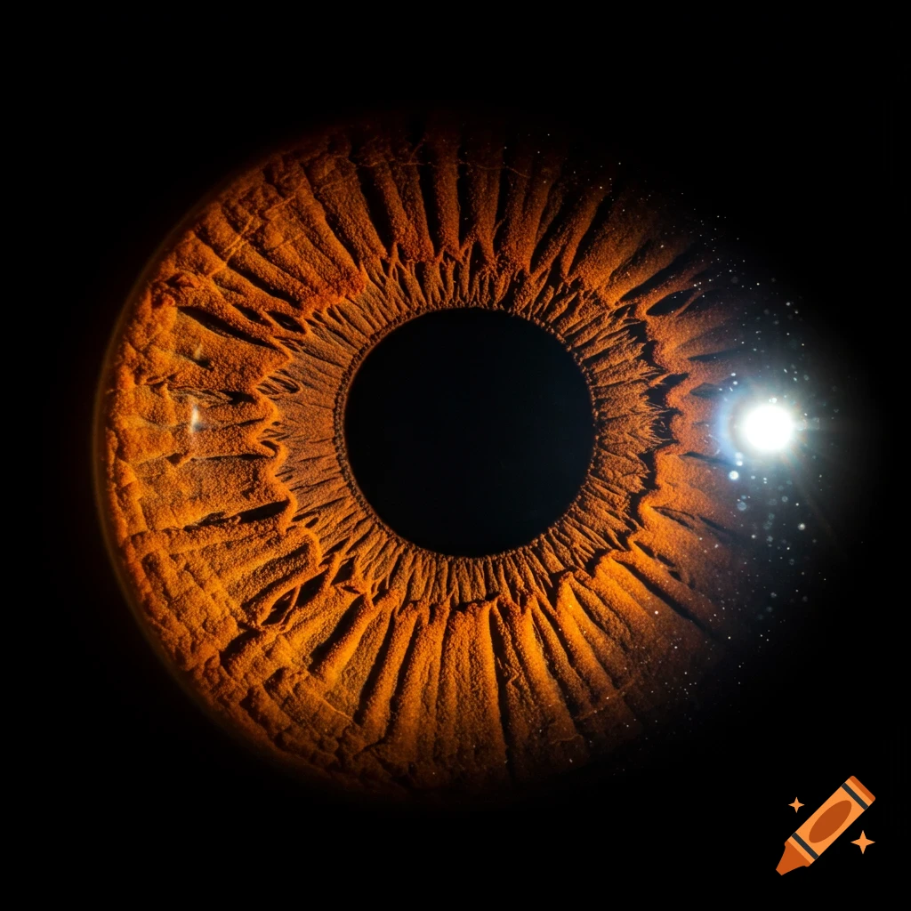 Extreme close-up of a detailed orange-brown human iris with a bright light reflection on a black background.