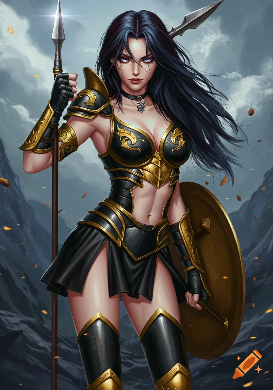 A female warrior in black and gold armor, holding a spear and shield, against a mountain backdrop.