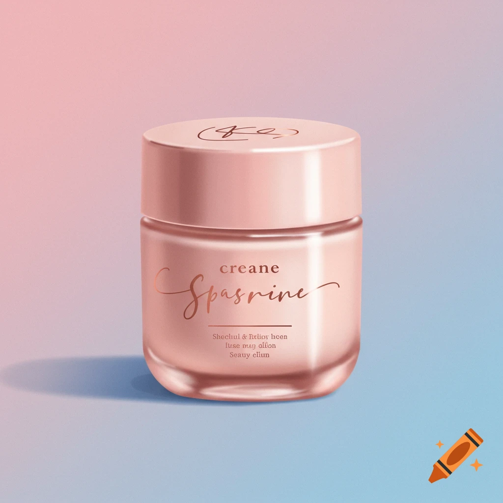 A peach-colored cosmetic jar with a matching lid, featuring a product label, set against a pink and blue gradient background.