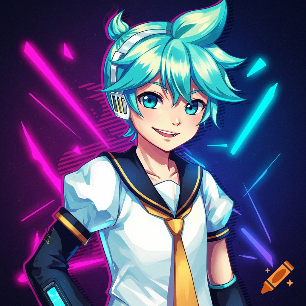 An anime-style character, likely a boy, with bright teal hair and blue eyes, wearing a white sailor-style shirt and yellow tie, against a dark background with pink and blue neon lights.