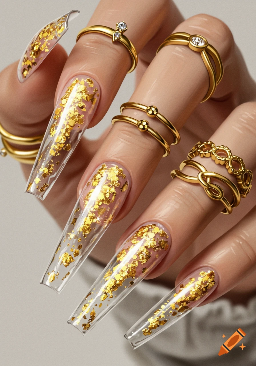 Close-up of a hand with long, clear coffin nails filled with gold flakes, adorned with multiple gold rings.