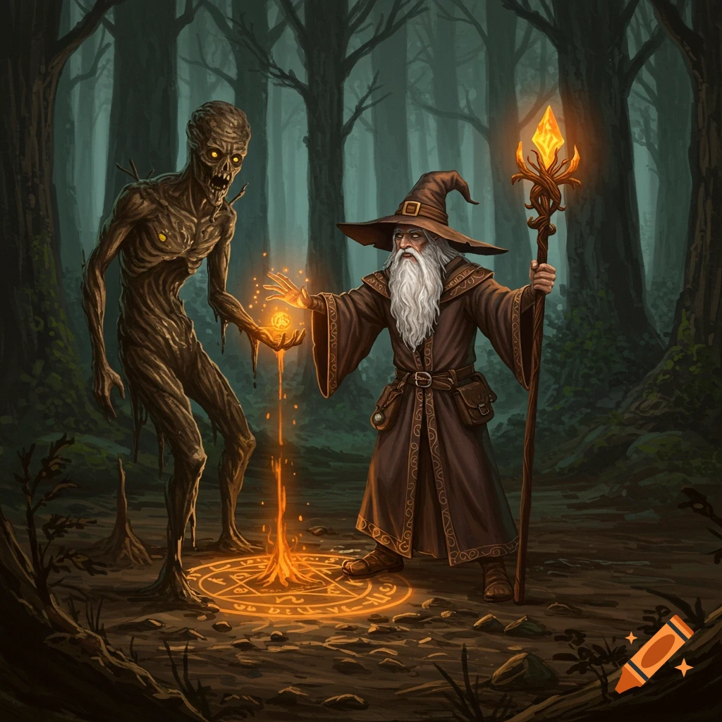 A wizard in a dark forest performing a glowing magical ritual with a mud elemental. Fantasy art style.