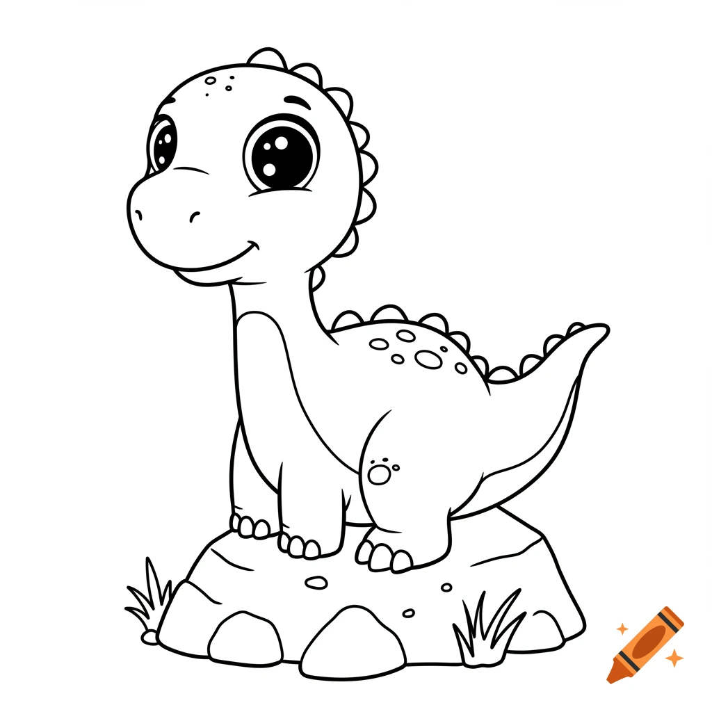 Cute cartoon baby dinosaur with large eyes sitting on a rock, in black and white line art for a coloring book.