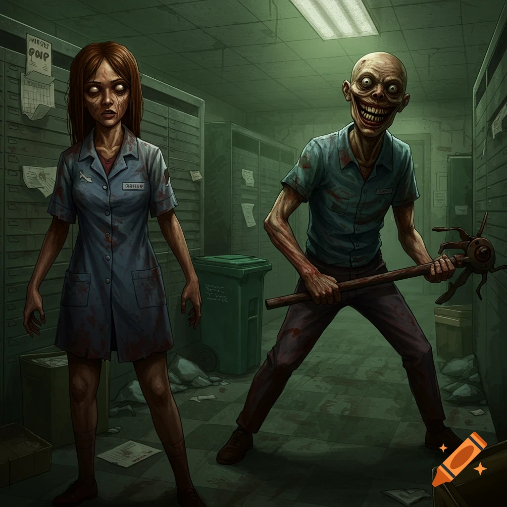Two creepy, zombie-like figures in a blood-splattered, dimly lit mailroom. A woman in a lab coat and a grinning man with a weapon.