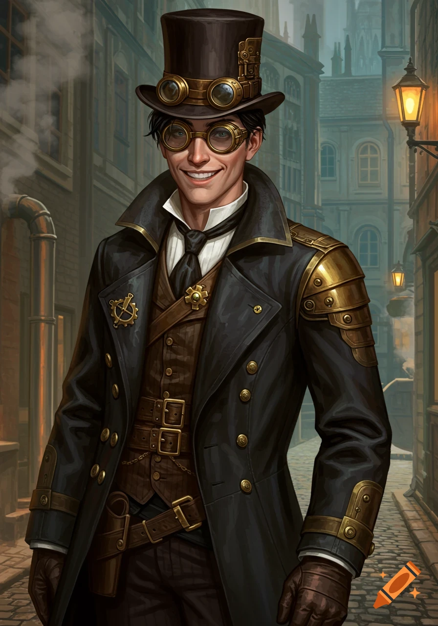 A smiling young man in a black steampunk coat, top hat with goggles, and brown vest stands on a cobblestone street.