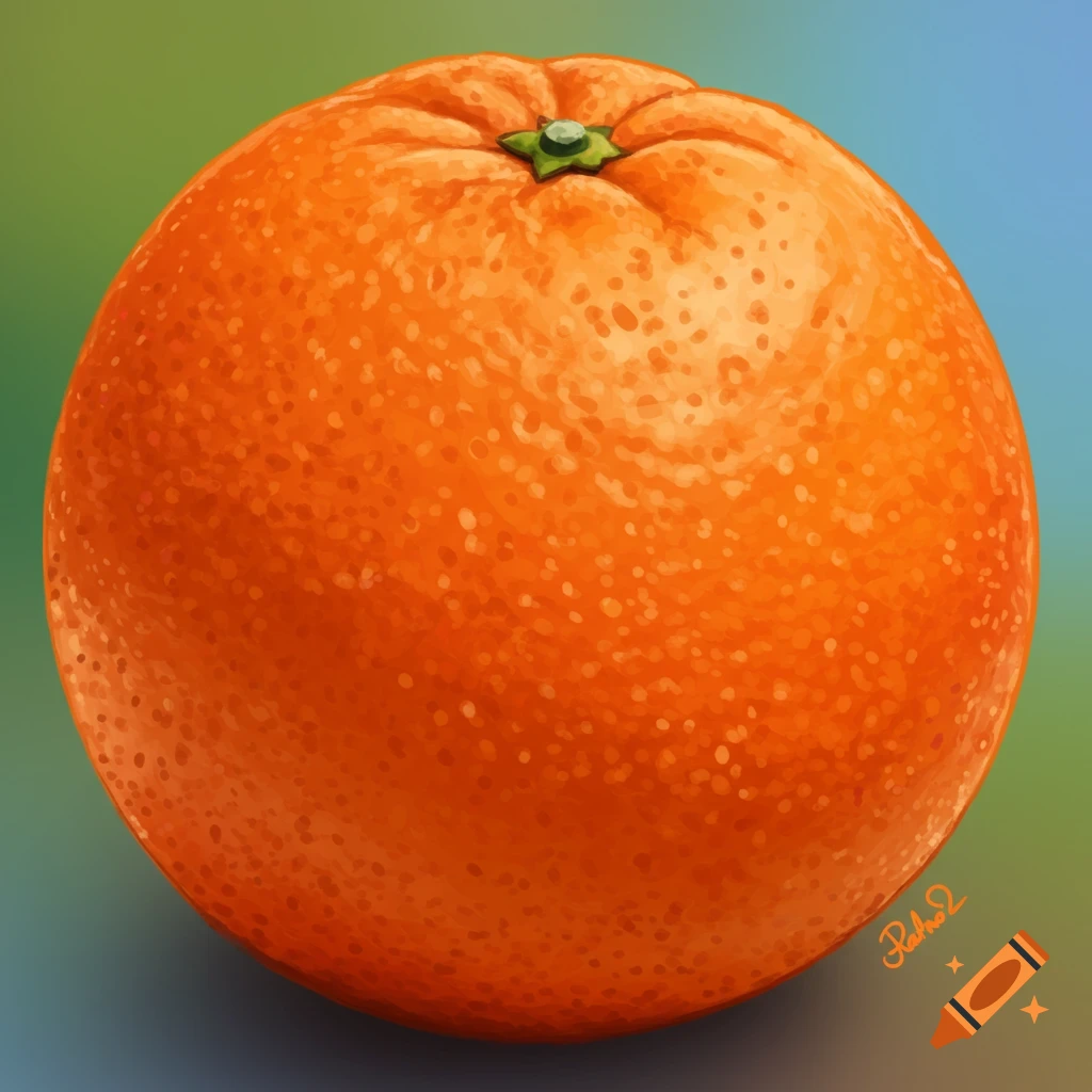 A vibrant, detailed digital illustration of a single orange with a green stem against a blurry green and blue background.