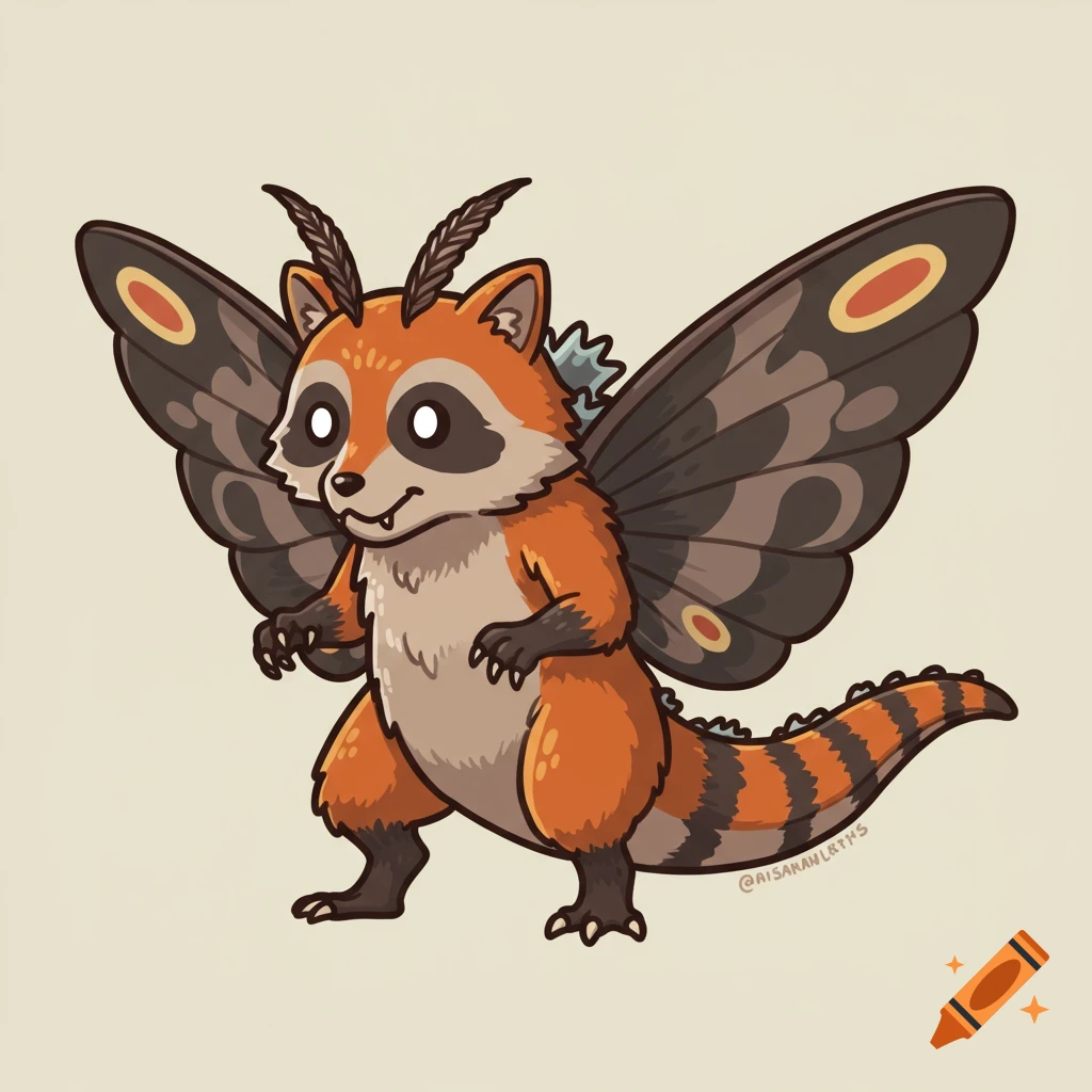 A cute cartoon creature, a hybrid of a raccoon, Mothman, and Godzilla, with large moth wings and a striped raccoon tail, standing.
