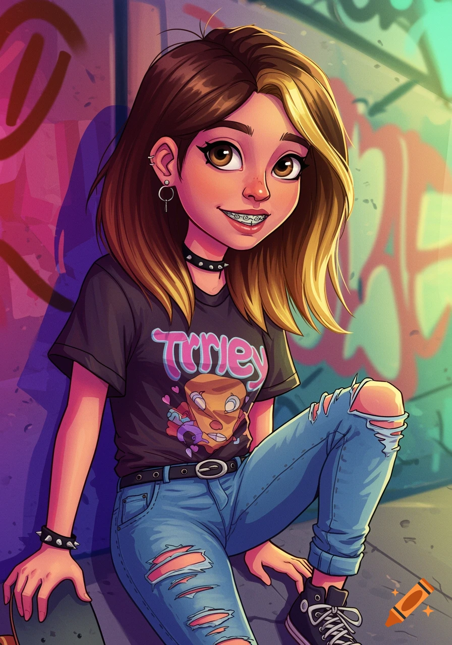 A cartoon teenage girl with brown hair and blonde highlights, braces, a choker, a black studded bracelet, and ripped jeans, sits holding a skateboard against a graffiti-covered wall.