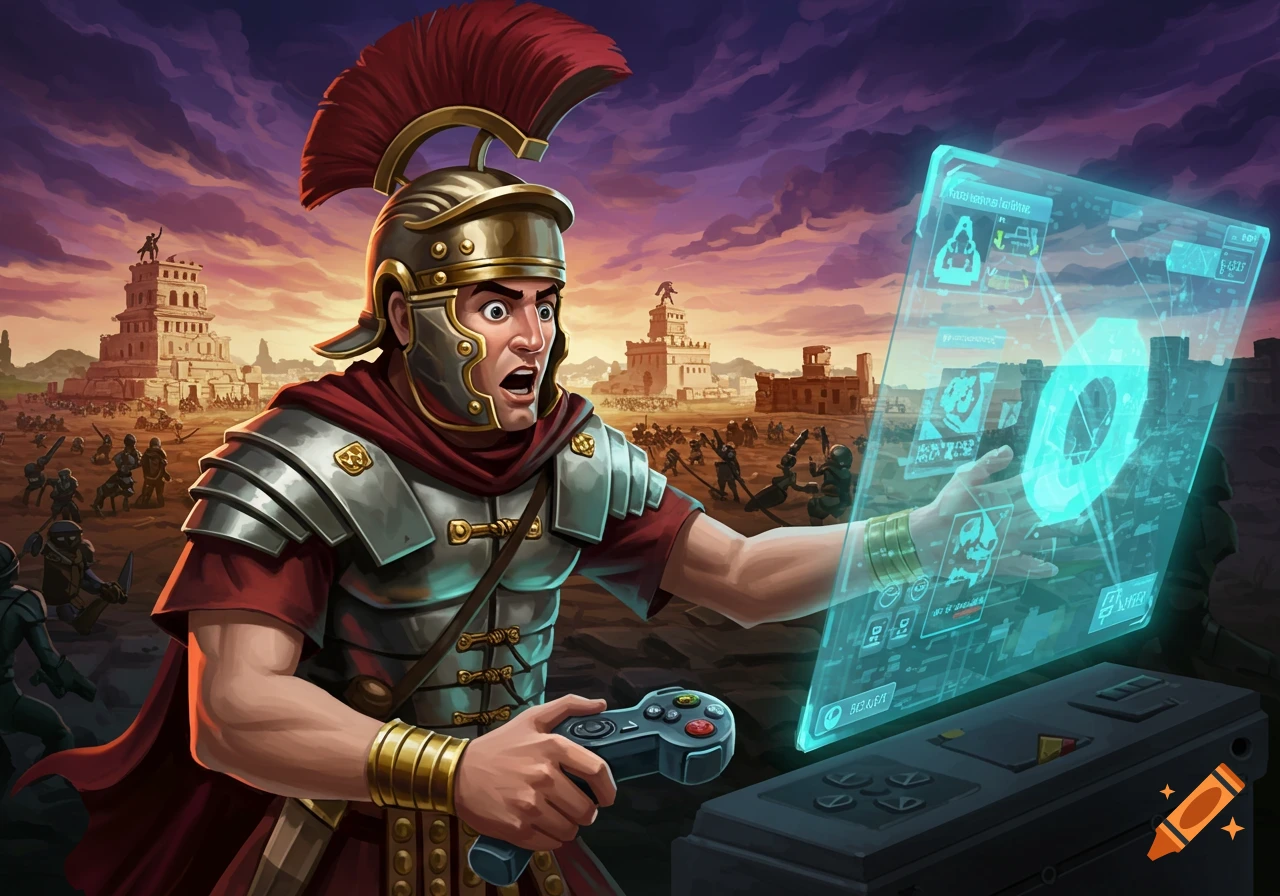 A Roman soldier reacts in surprise while holding a video game controller and interacting with a holographic display, overlooking an ancient battlefield at sunset.