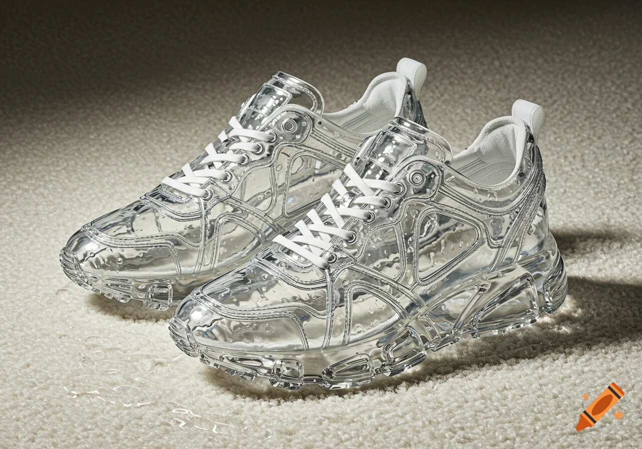 A pair of shiny, clear, water-textured sneakers with white laces sitting on a light-colored, fluffy carpet.