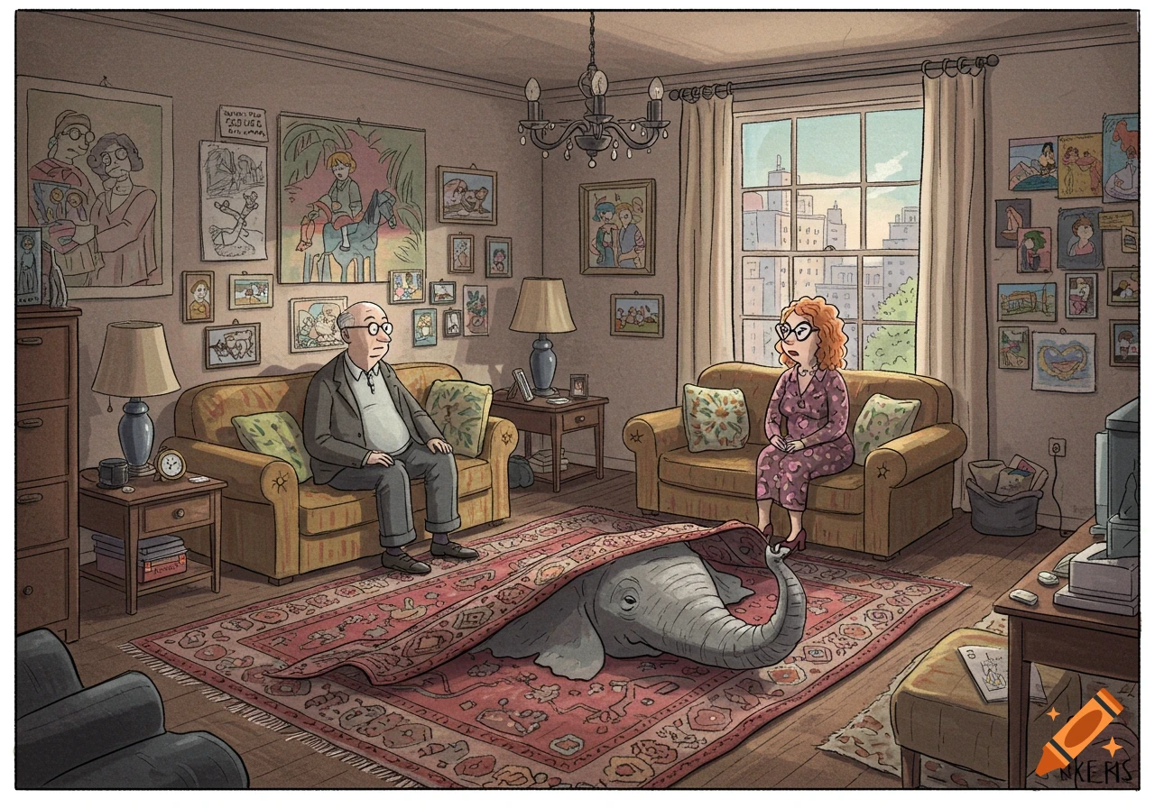 New Yorker-style cartoon of a man and woman on couches in a living room, with an elephant partially covered by a rug.