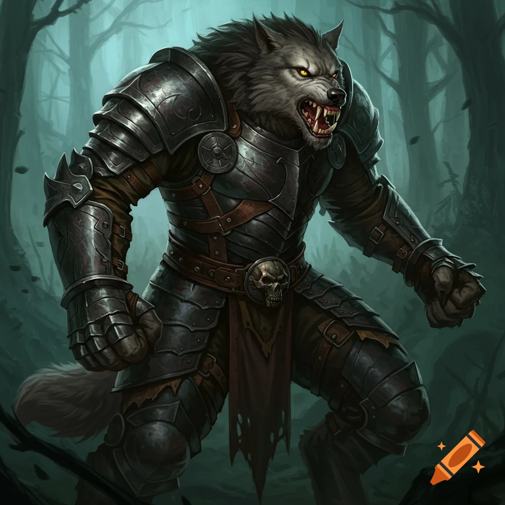 A fearsome armored werewolf with yellow eyes and bared teeth stands in a dark, misty forest.
