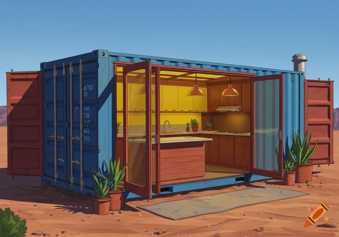 An illustration of a blue shipping container converted into a kitchen, set in the Arizona desert, with large glass doors, cherry wood trim, yellow lighting, and potted plants.
