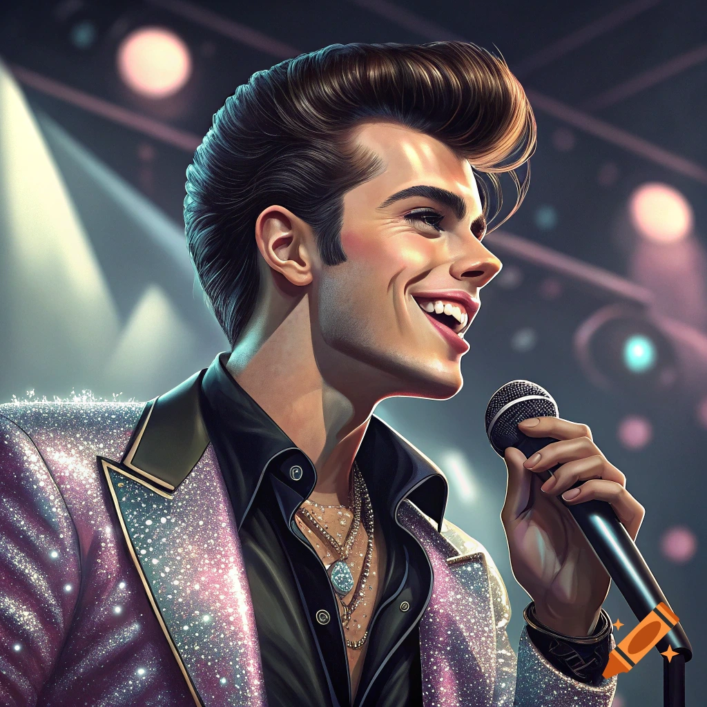 A smiling male singer with a pompadour hairstyle in a sparkly pink jacket holds a microphone on a stage.