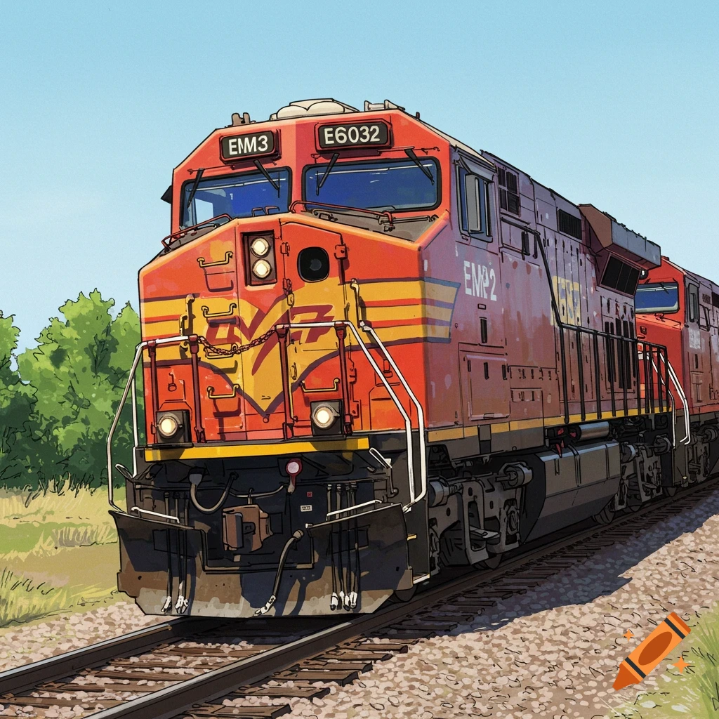 An illustration of a red and yellow train locomotive on tracks, with green trees and a blue sky in the background.