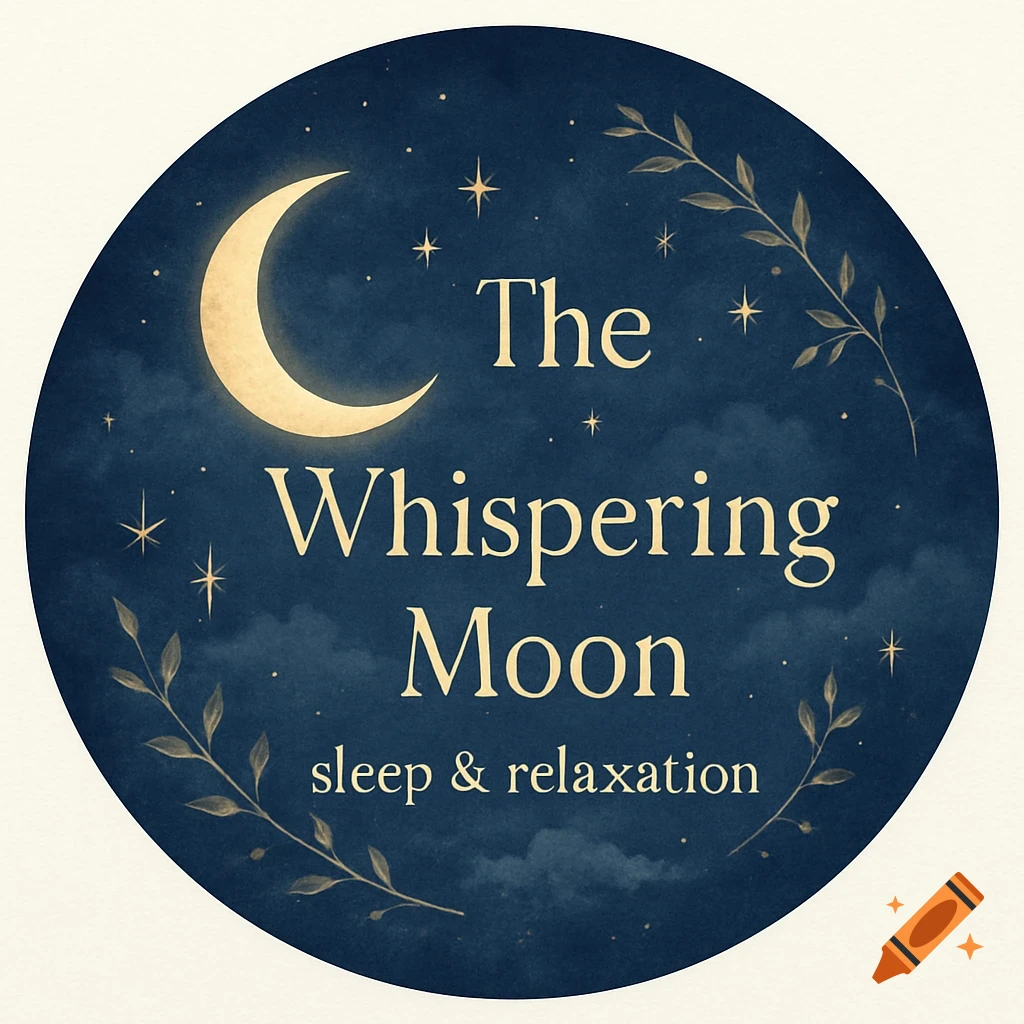 A circular dark blue logo featuring a crescent moon, gold stars, and botanical accents. Text reads 'The Whispering Moon sleep & relaxation'.