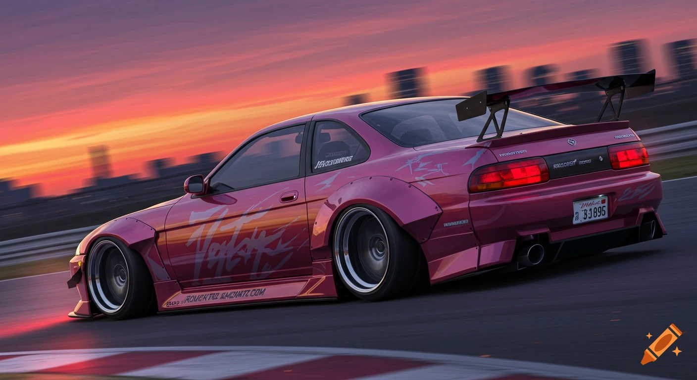 A pink customized sports car with a large rear spoiler drifts on a racetrack at sunset, showing urban buildings in the blurred background.