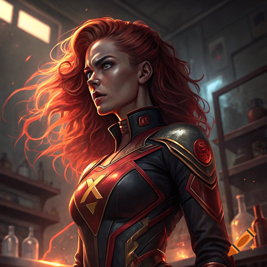 A serious woman with fiery red hair in a black and red superhero suit with an X emblem, looking intently to the left in a dark, detailed setting.