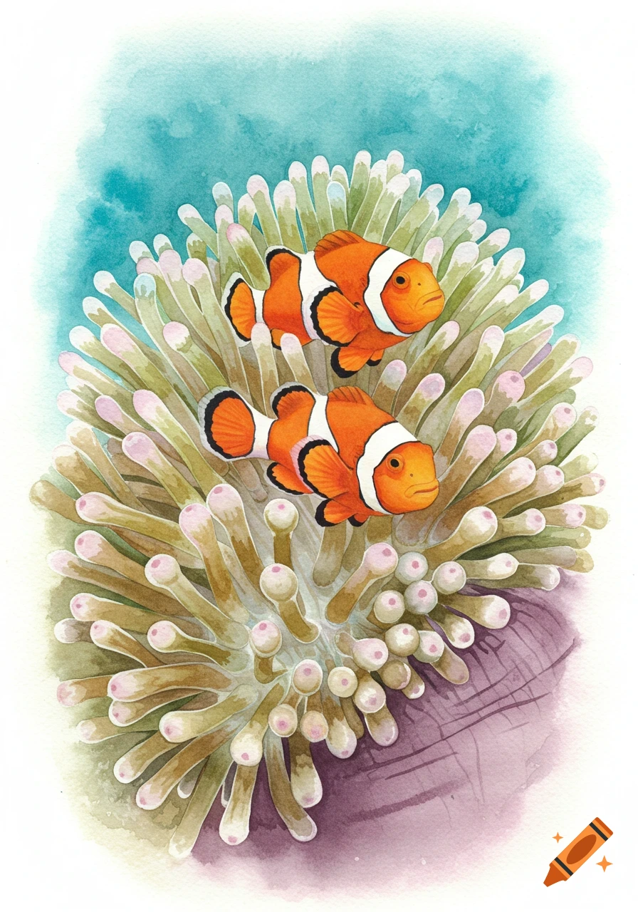 A watercolor painting of two orange and white clownfish nestled in a vibrant sea anemone.