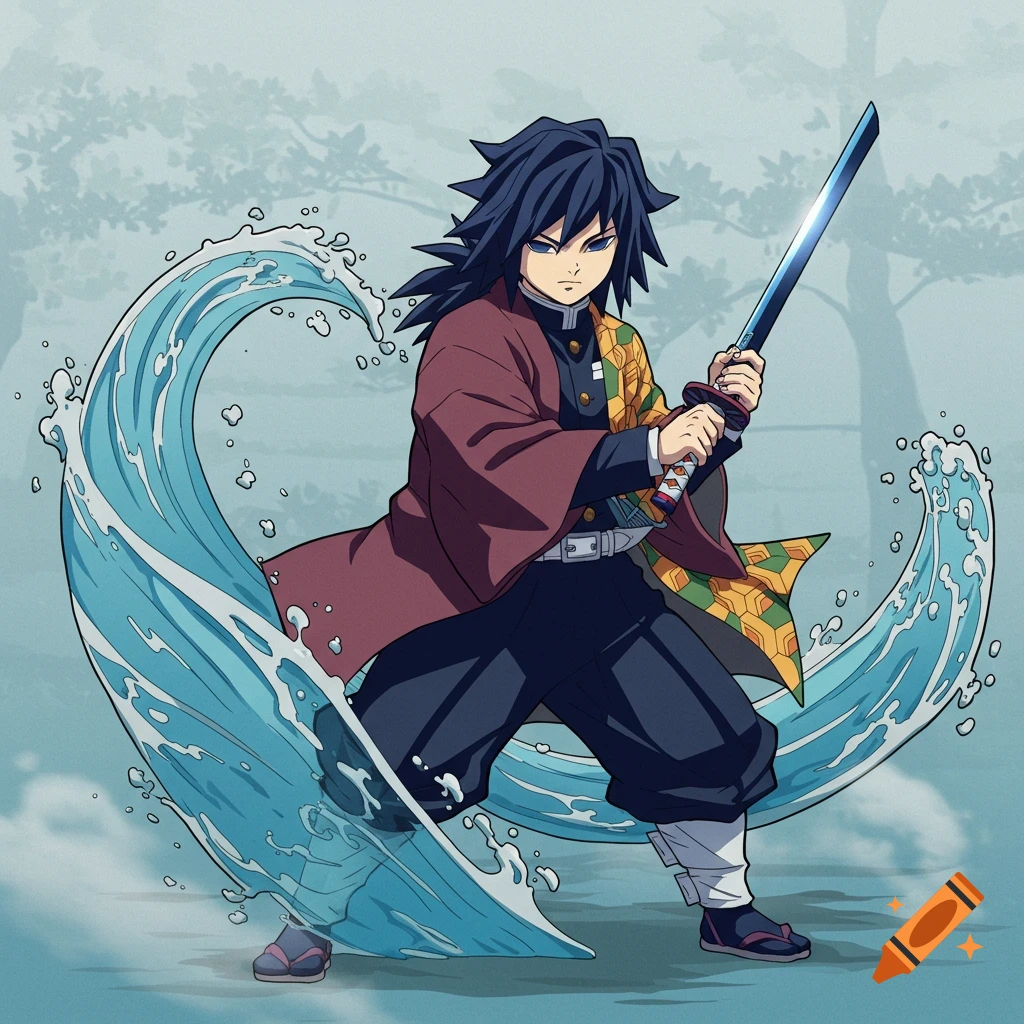 Anime illustration of Giyu Tomioka from Demon Slayer, holding a sword with blue water effects.