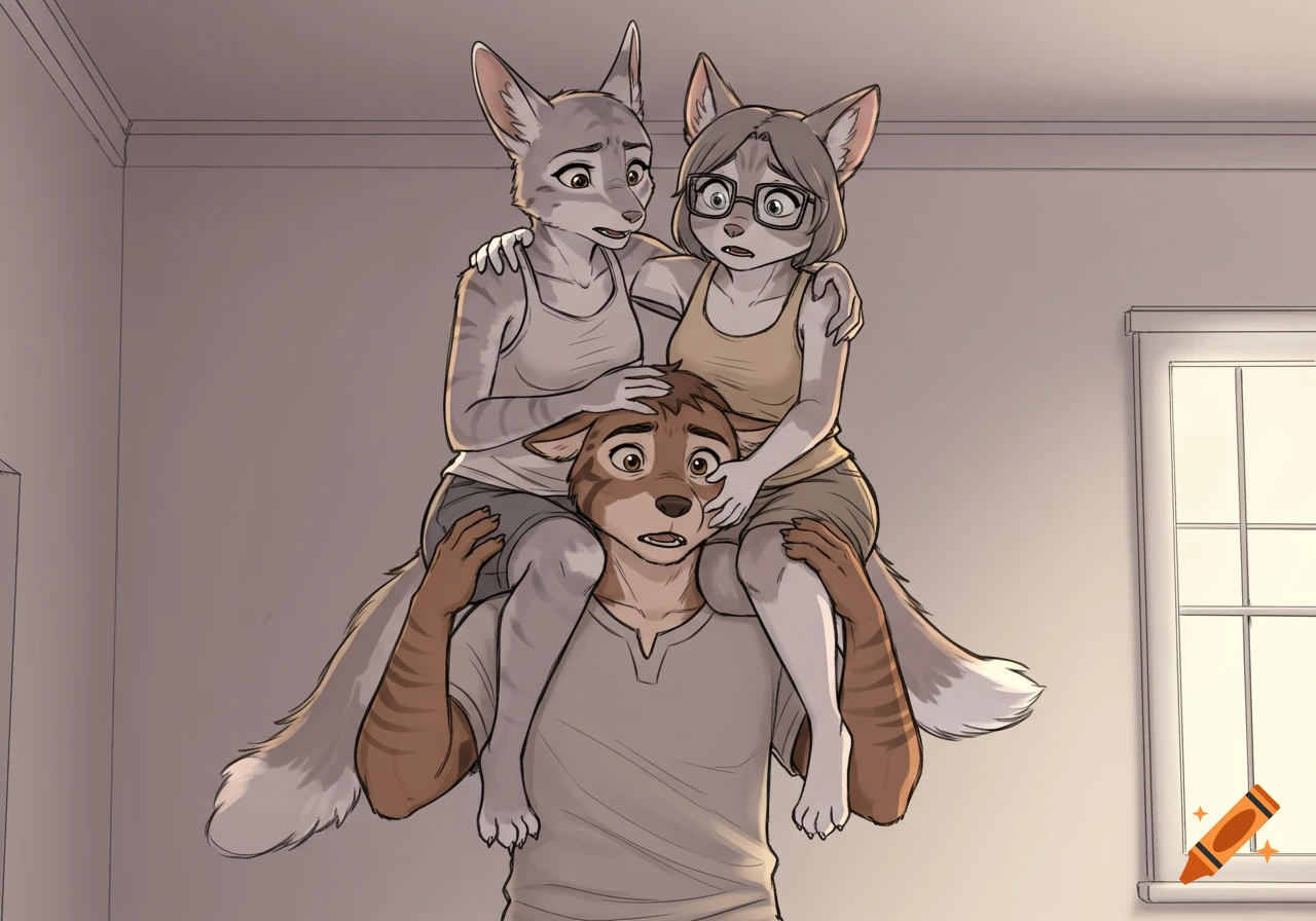 An animated image of a trio of anthropomorphic animals with fearful expressions. A male deer-like creature carries two female fennec foxes on his shoulders inside a house.