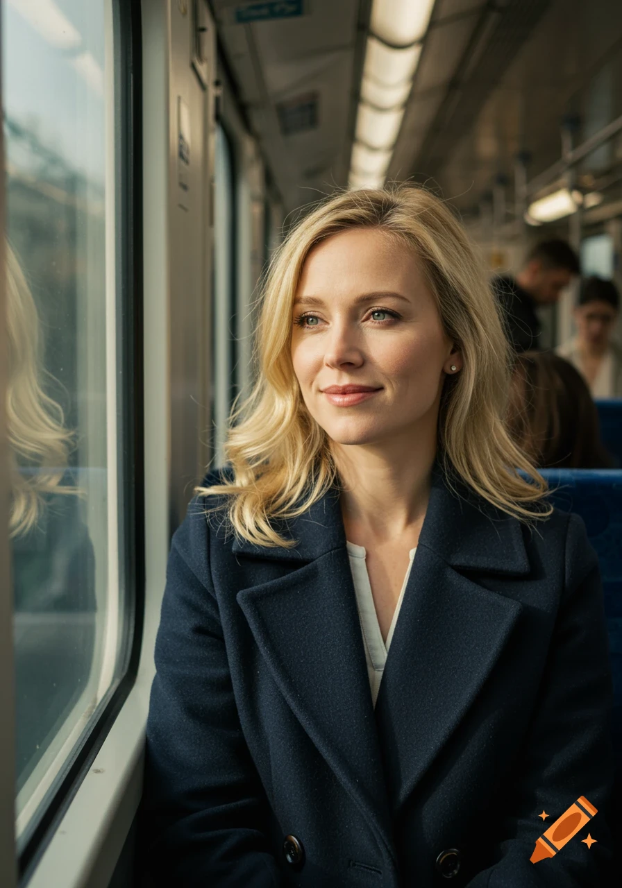 A blonde woman in a navy blue coat looks out the window of a train, sunlight on her face.