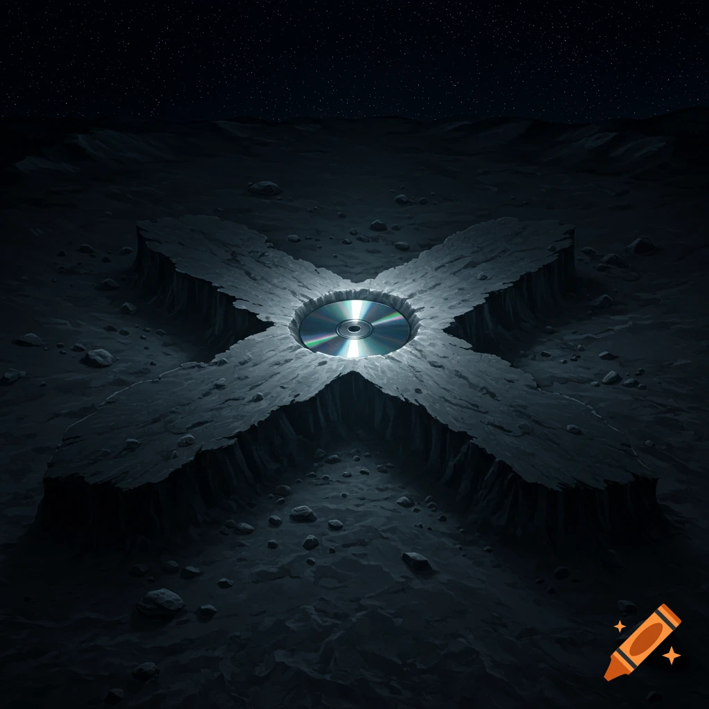 A realistic view of a compact disc glowing in an X-shaped crater on a dark lunar landscape under a starry night.