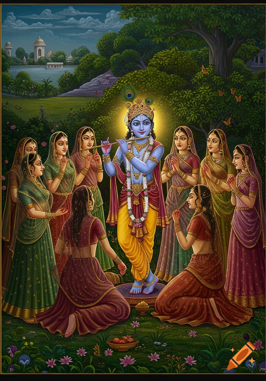 Painting of blue-skinned Krishna playing a flute surrounded by female gopis in a lush green landscape with a lake and buildings.