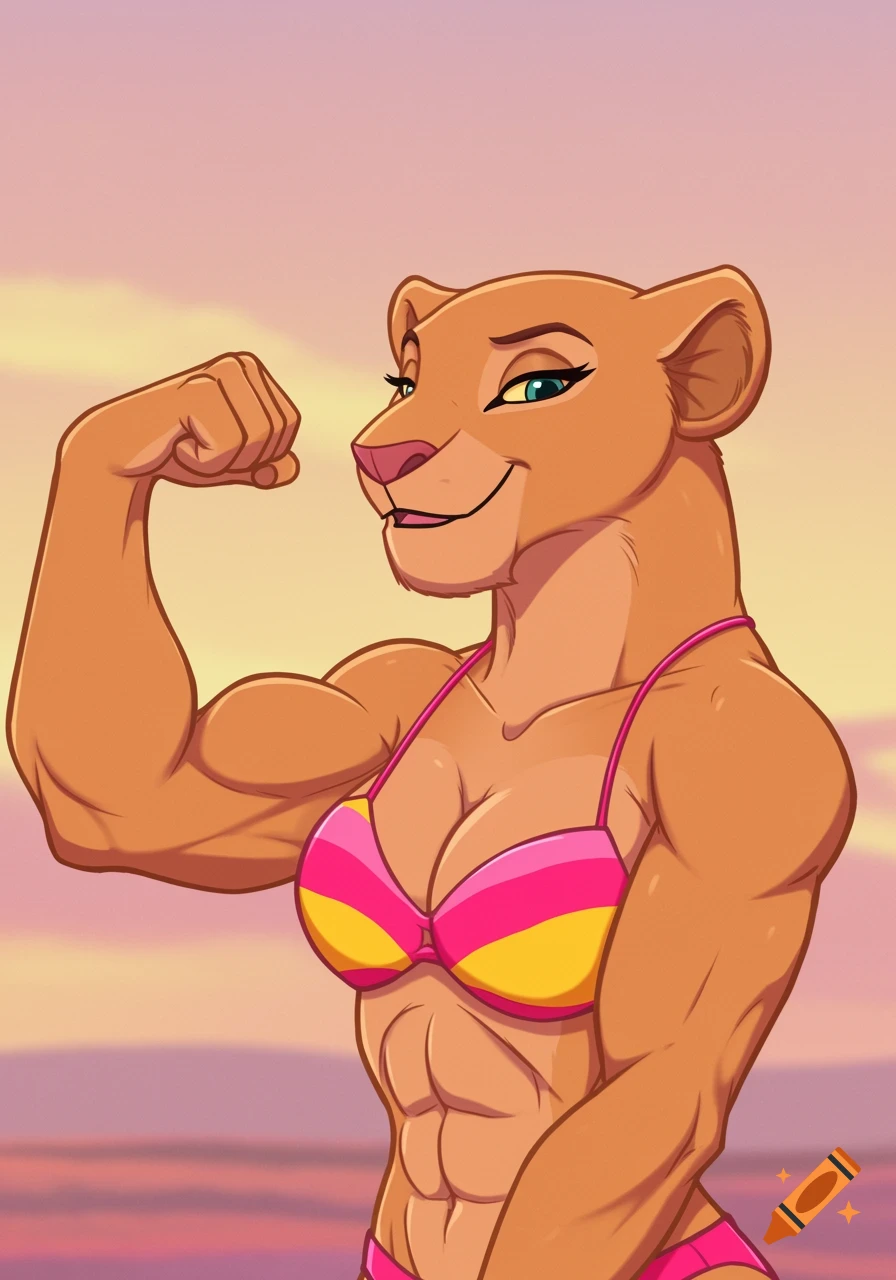Anthropomorphic muscular lioness in a pink and yellow bikini flexing her bicep, in a 2D cartoon style.