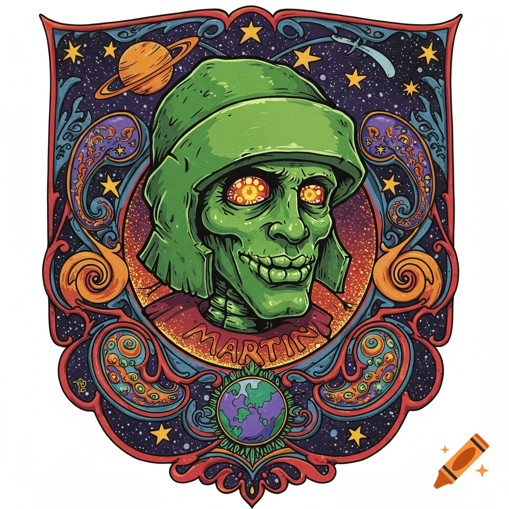Psychedelic illustration of a green alien skull in a helmet with glowing red eyes, stars, planets, and "MARTIN" text.