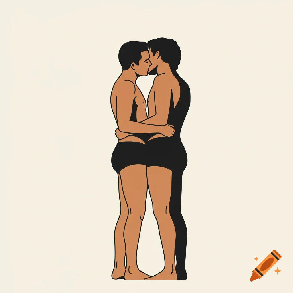 Vector minimalist illustration of two men in black briefs embracing and kissing on a light background.