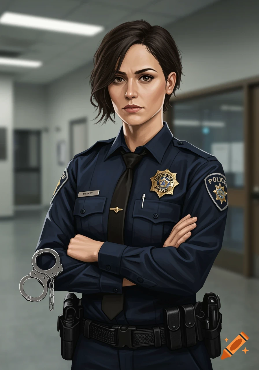A stern-looking police woman in a dark blue uniform with a name tag, badge, and handcuffs on her left wrist, standing with arms crossed in a hallway.