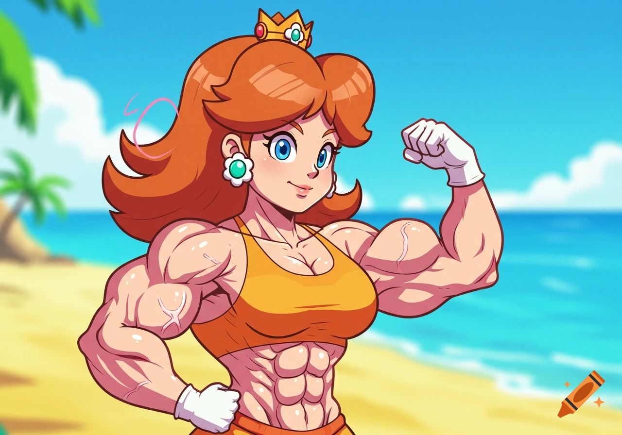 Cartoon Princess Daisy with exaggerated muscles flexing her bicep on a sunny beach.
