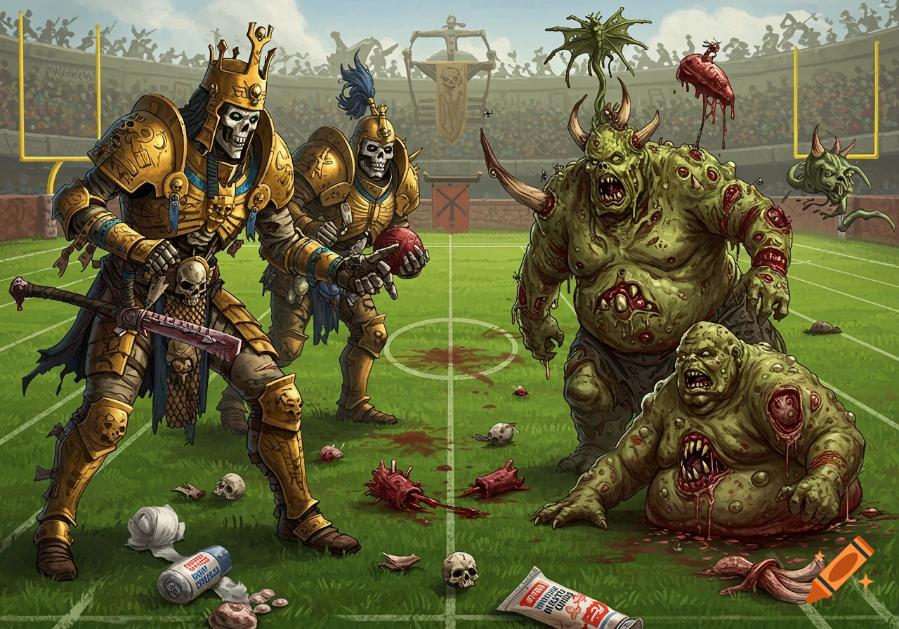 A fantasy football game with golden armored skeletons on one side and green, pustulant monsters on the other, amidst a bloody field.