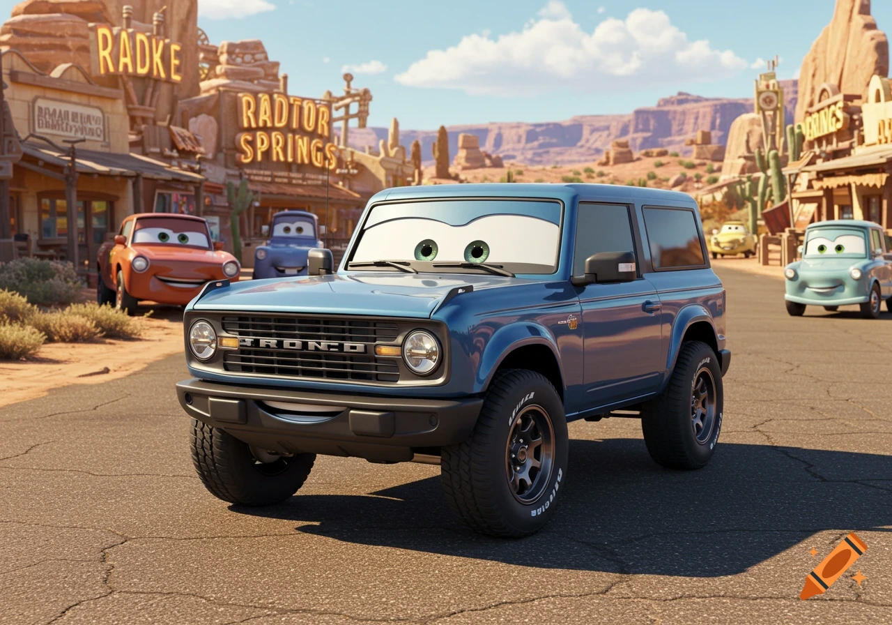 A blue anthropomorphic Ford Bronco car with eyes in the windshield, smiling, parked on a road in a desert town, with other cartoon cars and buildings in the background.