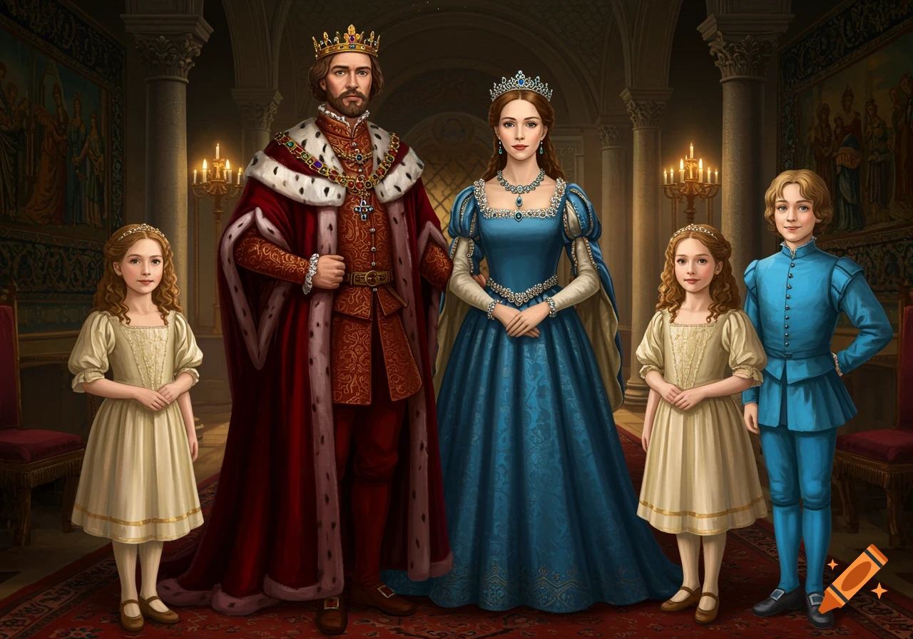 A grand portrait of a royal family: a king, queen, two young girls, and a boy in opulent historical attire, standing in a richly decorated hall.