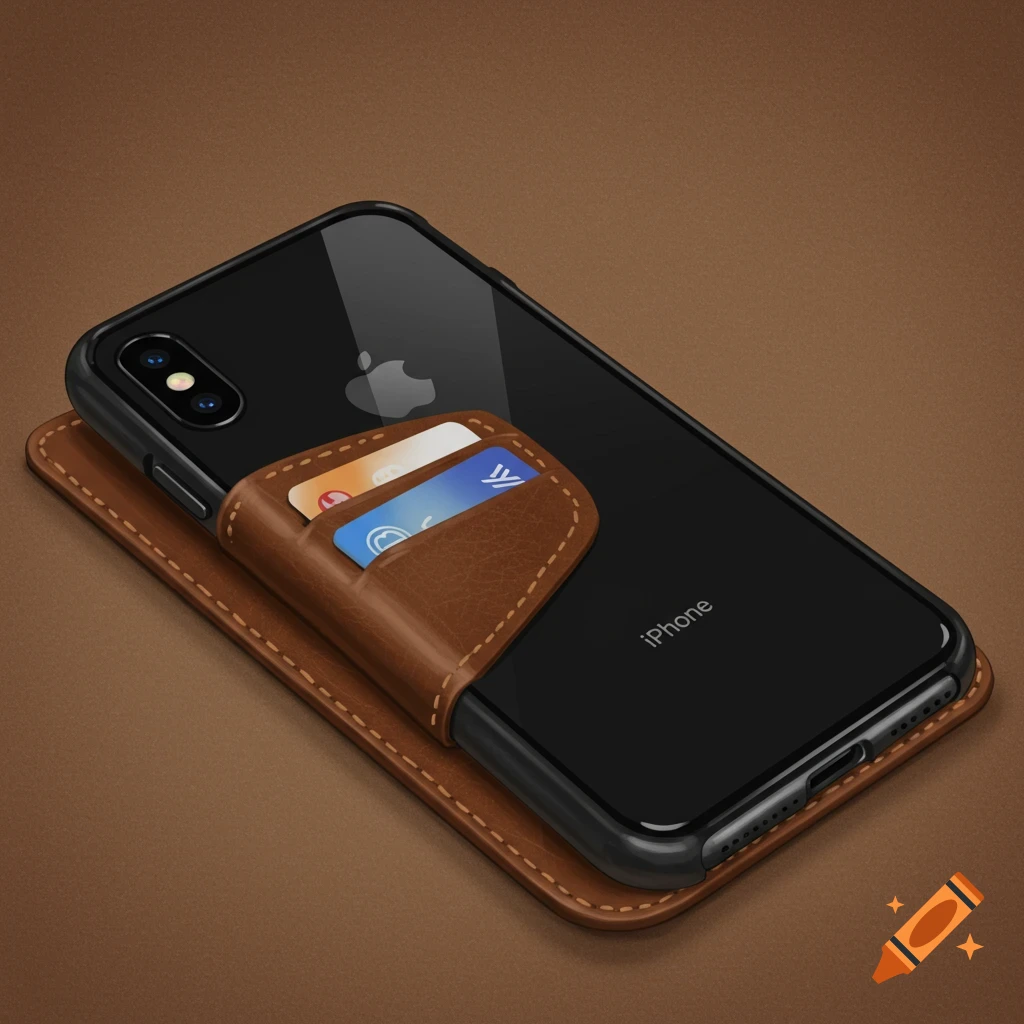 Black iPhone XS MAX with a brown leather wallet case, showcasing two cards, on a brown surface.