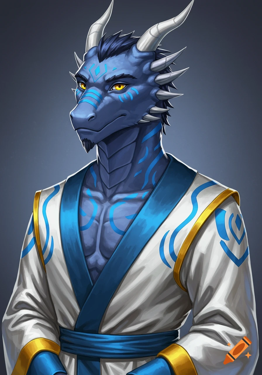 A blue anthropomorphic dragon in white and gold robes with blue accents and tribal tattoos. The style is detailed fantasy art.