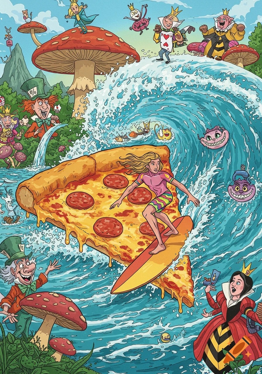 Whimsical cartoon of a person surfing a giant pizza slice on a wave, surrounded by Alice in Wonderland characters.