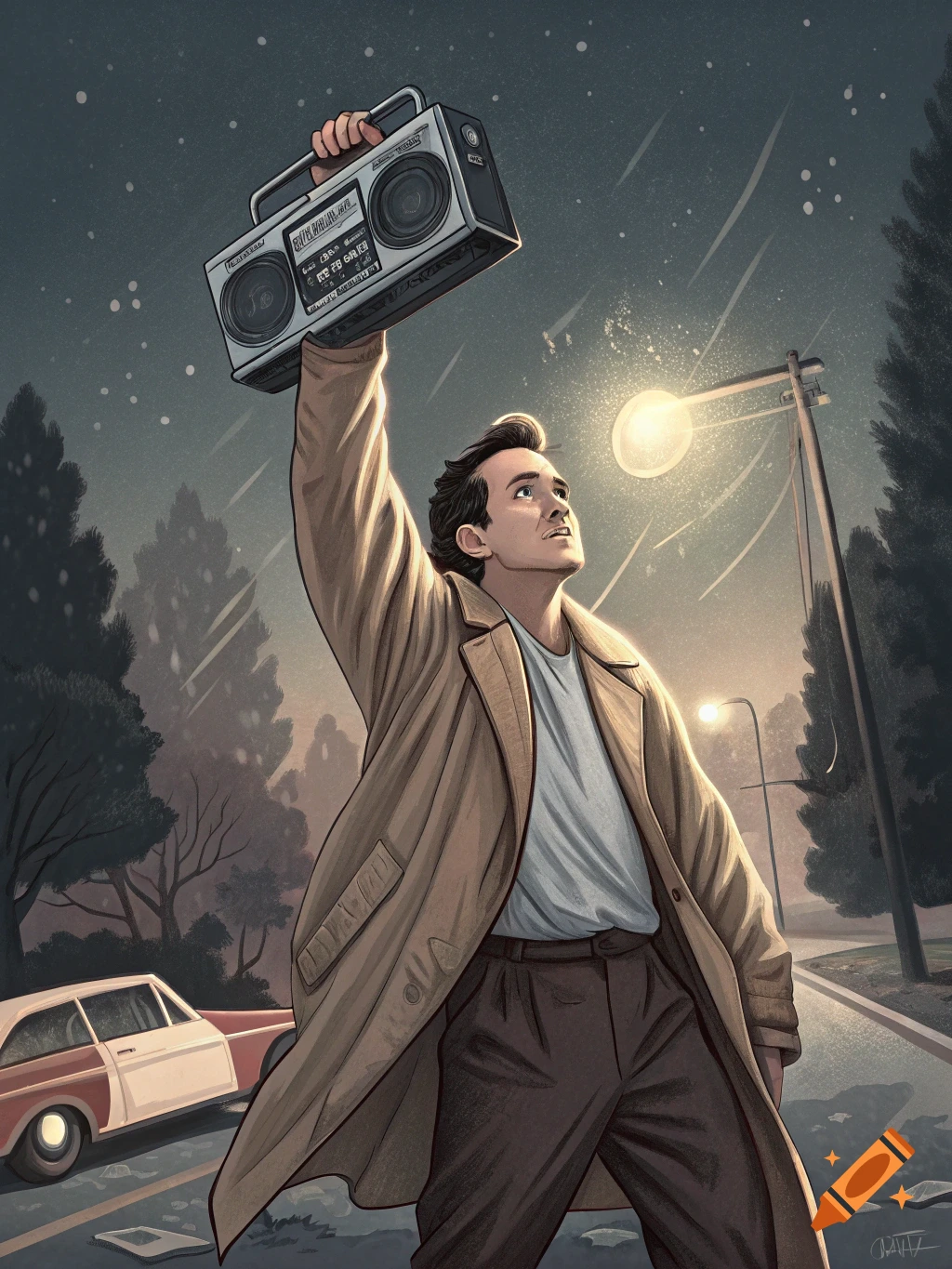 Illustration of a man in a trench coat holding a boombox over his head on a rainy street at night.