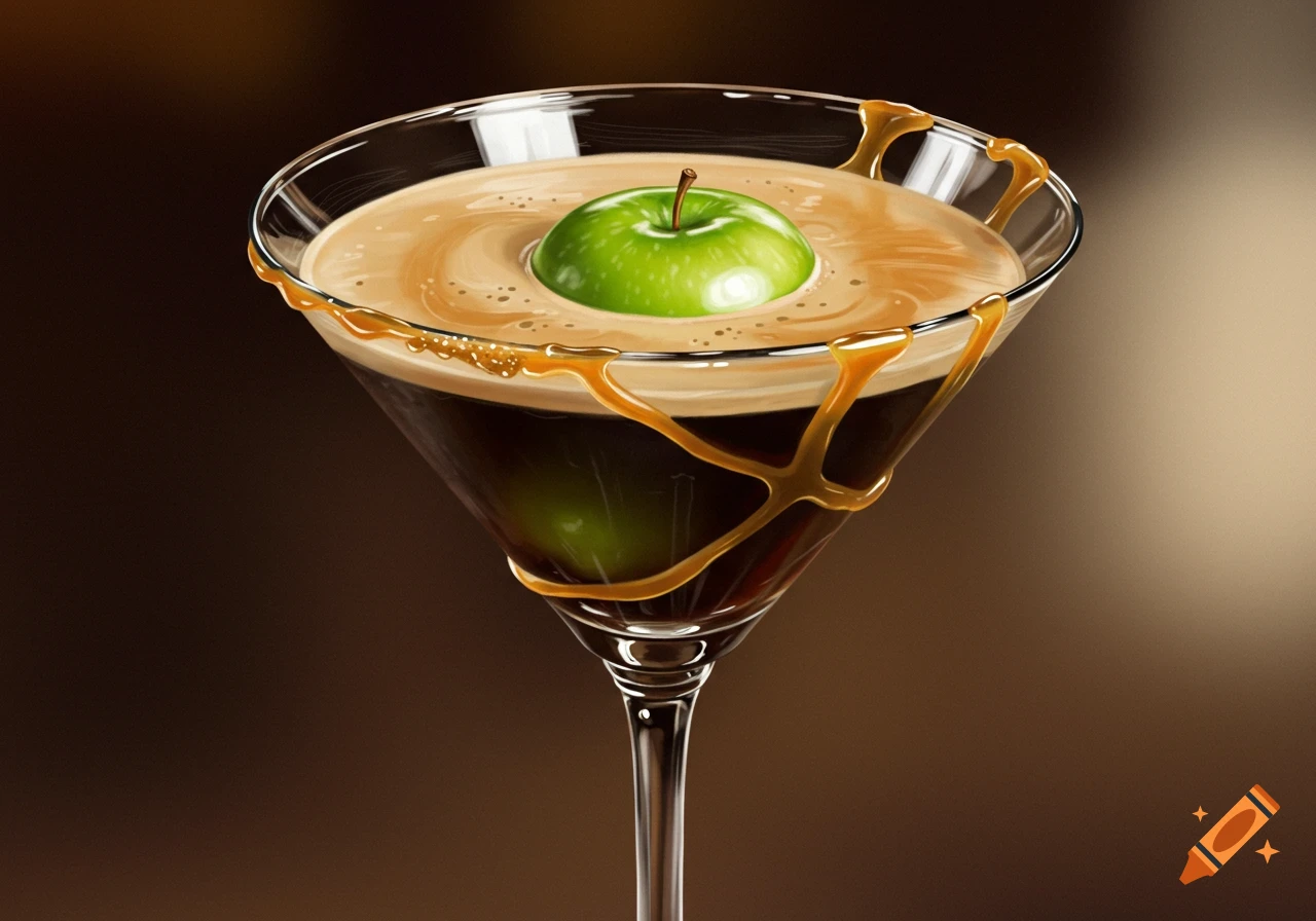 A digital illustration of an espresso martini in a clear glass with a green apple floating in the center and caramel drizzled down the sides.