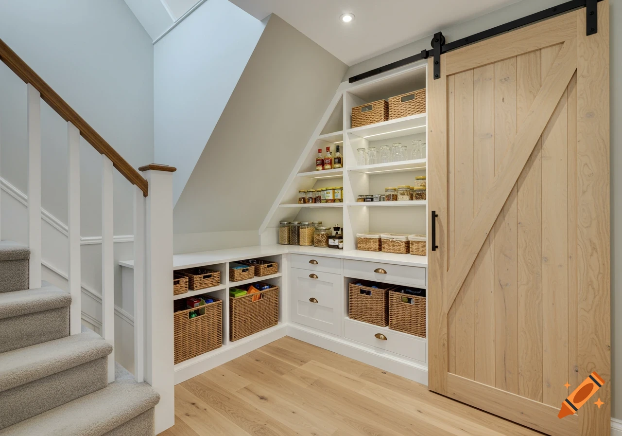 A modern under-stair pantry featuring white custom shelves, pull-out drawers, wicker baskets, and a light oak sliding barn door. A carpeted staircase is visible to the left.