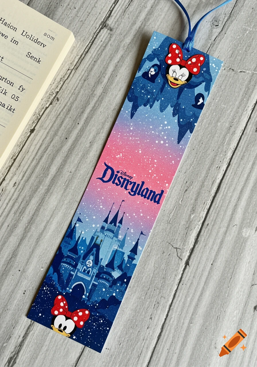 A Disney-themed bookmark featuring a pink and blue gradient sky with white speckles, a blue Disneyland castle, and two Minnie Mouse heads with red bows.