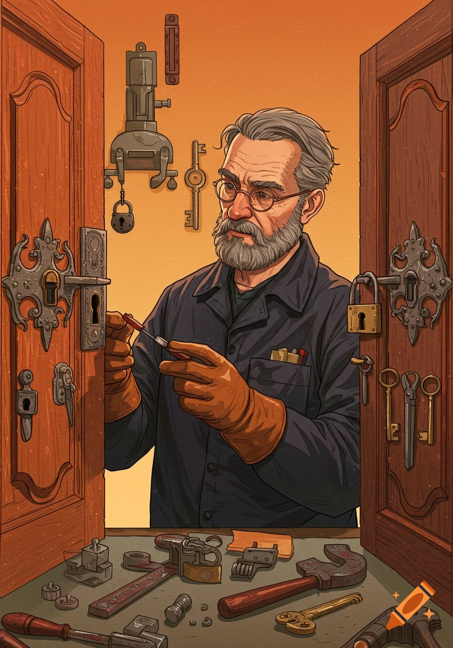 A bearded locksmith in work clothes and gloves works on a door lock, surrounded by tools and keys. Detailed illustration.