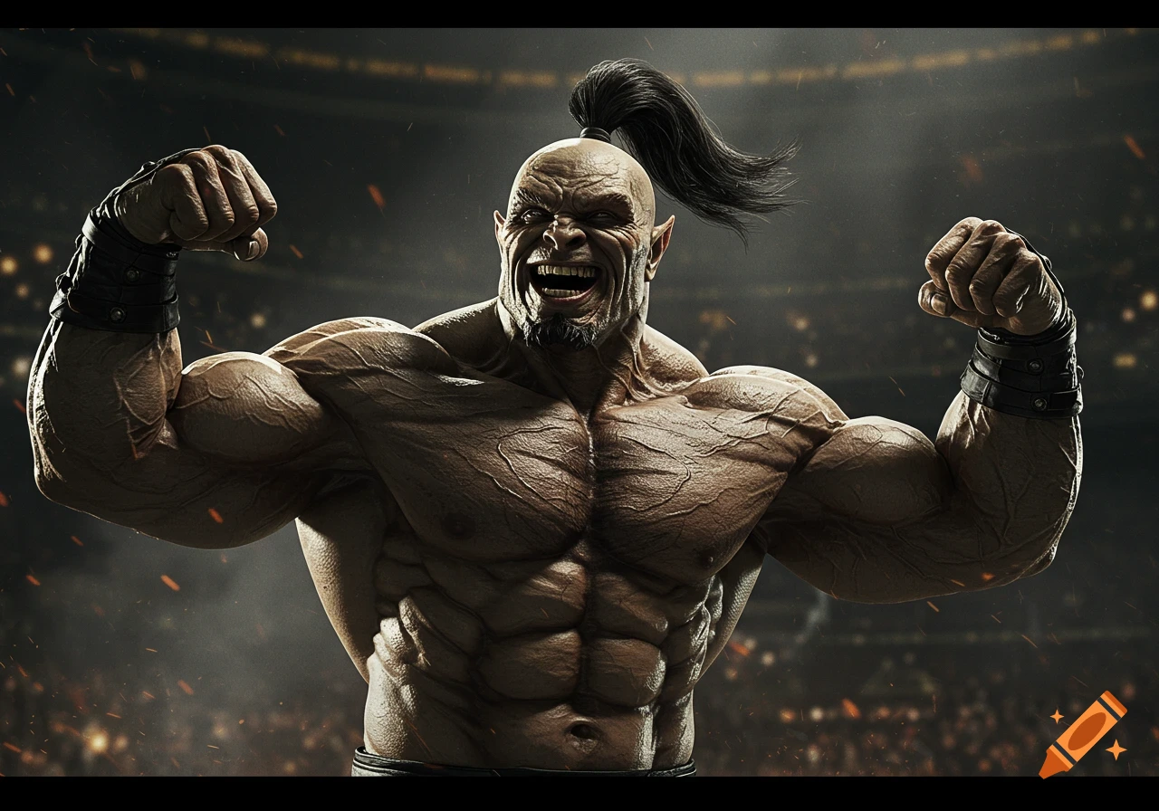 A powerful, green-skinned, muscular fantasy character with a ponytail flexing muscles and roaring in an arena.
