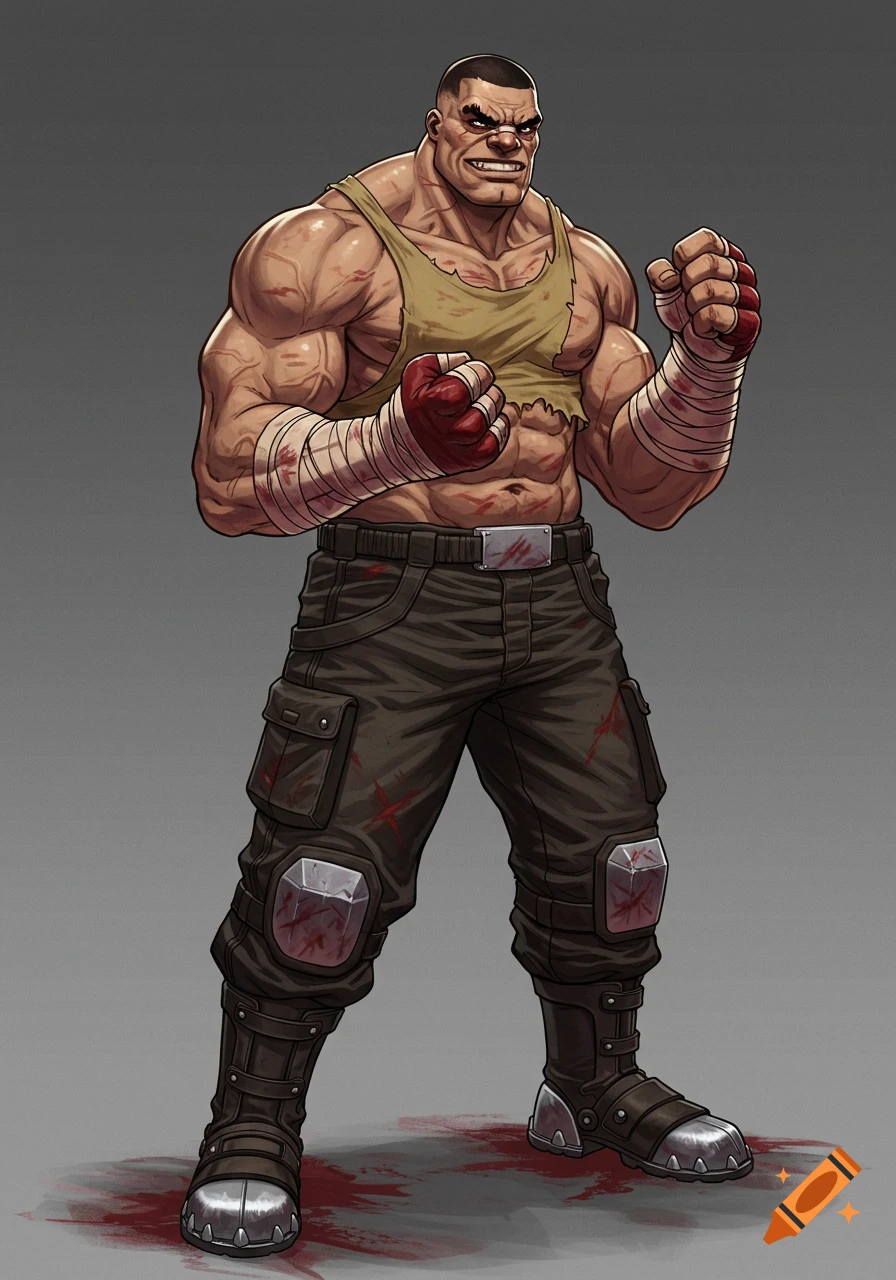 Muscular, battle-worn male character in torn combat vest and cargo pants, with bandaged fists, covered in scars and blood, in a comic art style.