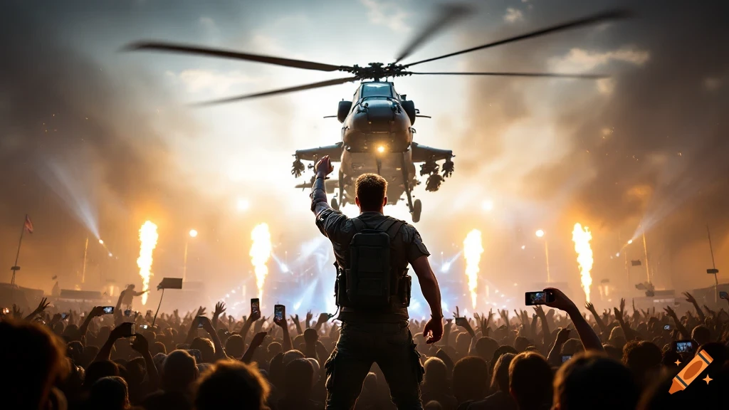 Photorealistic image of a person with a raised arm facing a crowd at a music festival, with an Apache helicopter flying overhead.
