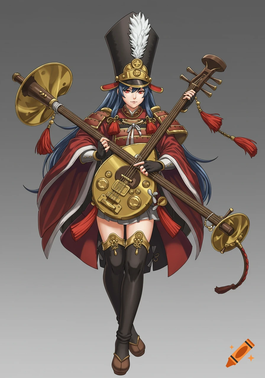 An anime-style female character in a red marching band uniform and shako cap, holding a golden stringed and brass instrument.