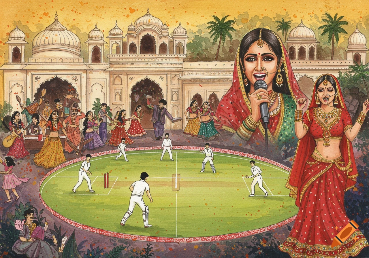 A vibrant watercolor painting depicting an Indian cricket match with a large singing woman and another woman posing, surrounded by people and traditional architecture.