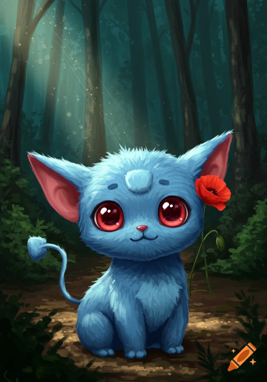 A cute blue furry creature with large red eyes sits in a forest, holding a red poppy flower. Digital illustration.